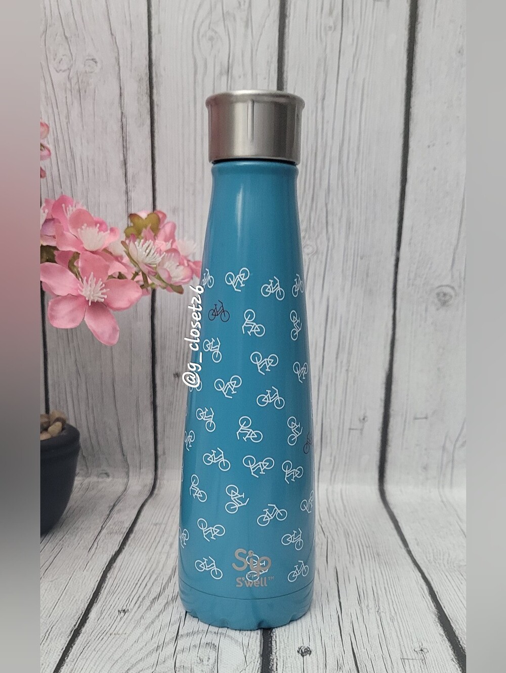 S'ip by S'well Blue Bike Pattern Stainless Steel Water Bottle,15oz